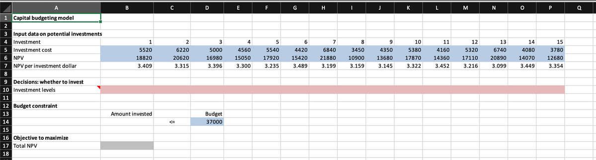 J
K
A
D
E
F
H
M
P
Q
1 Capital budgeting model
2
3 Input data on potential investments
Investment
1
2
4
7
8
9.
10
11
12
13
14
15
Investment cost
5520
6220
5000
4560
5540
4420
6840
3450
4350
5380
4160
5320
6740
4080
3780
6
NPV
18820
20620
16980
15050
17920
15420
21880
10900
13680
17870
14360
17110
20890
14070
12680
7
NPV per investment dollar
3.409
3.315
3.396
3.300
3.235
3.489
3.199
3.159
3.145
3.322
3.452
3.216
3.099
3.449
3.354
8
9
Decisions: whether to invest
10 Investment levels
11
12 Budget constraint
13
Amount invested
Budget
14
<=
37000
15
16 Objective to maximize
17 Total NPV
18
