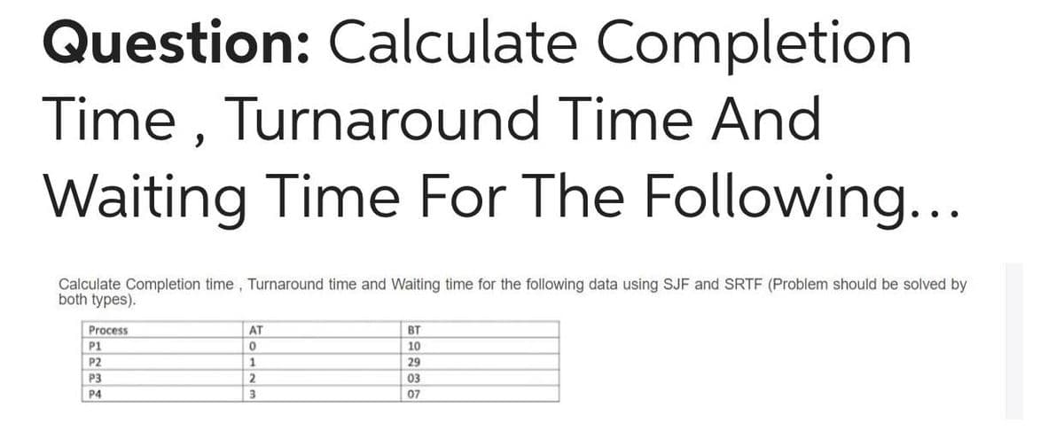 Question: Calculate Completion
Time , Turnaround Time And
Waiting Time For The Following...
Calculate Completion time, Turnaround time and Waiting time for the following data using SJF and SRTF (Problem should be solved by
both types).
Process
AT
BT
P1
10
P2
29
P3
03
P4
3
07
