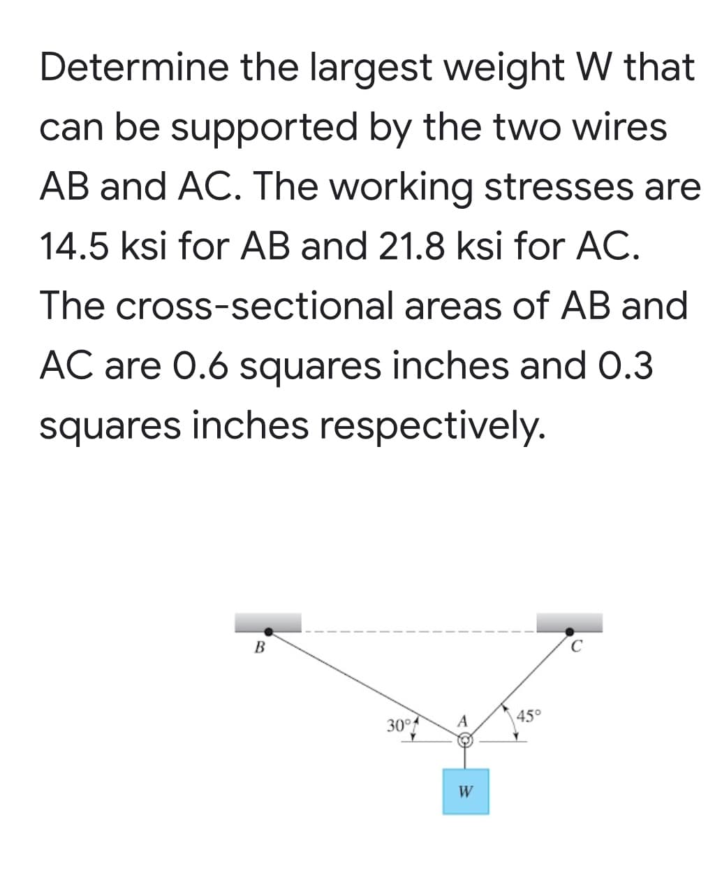 Determine the largest weight W that
can be supported by the two wires
AB and AC. The working stresses are
14.5 ksi for AB and 21.8 ksi for AC.
The cross-sectional areas of AB and
AC are 0.6 squares inches and 0.3
squares inches respectively.
30°
A
45°
W
B.

