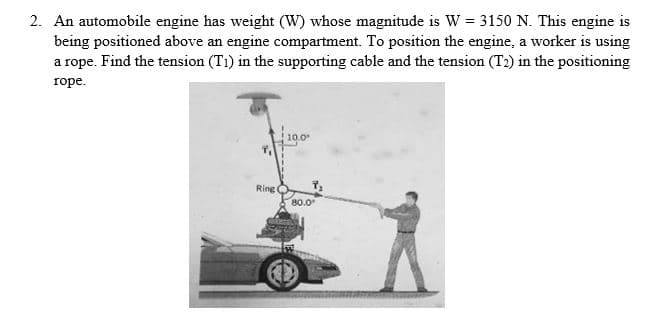 2. An automobile engine has weight (W) whose magnitude is W = 3150 N. This engine is
being positioned above an engine compartment. To position the engine, a worker is using
a rope. Find the tension (T1) in the supporting cable and the tension (T2) in the positioning
горе.
Ring
80.0
