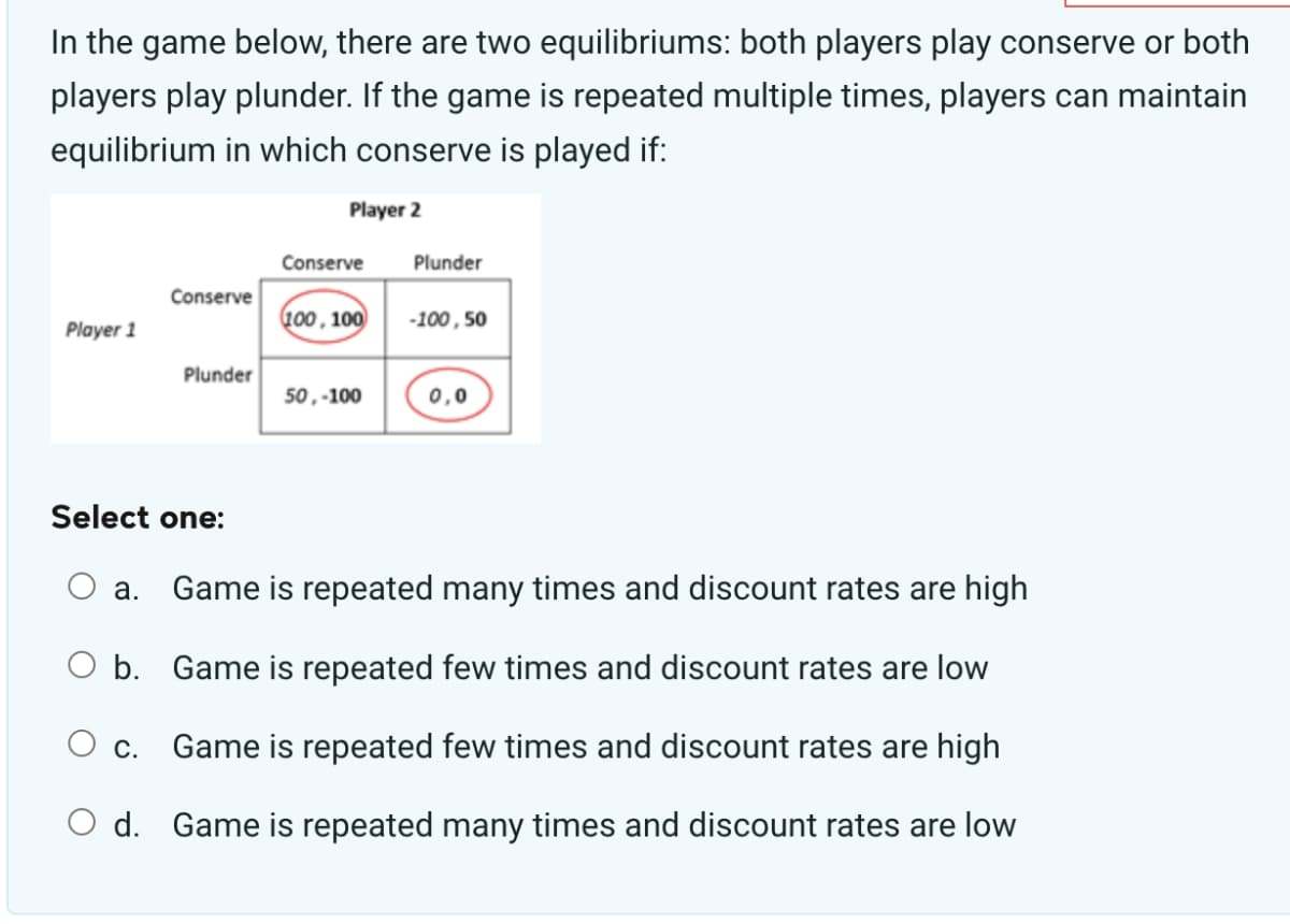In the game below, there are two equilibriums: both players play conserve or both
players play plunder. If the game is repeated multiple times, players can maintain
equilibrium in which conserve is played if:
Player 2
Player 1
Conserve
Plunder
Select one:
a.
Conserve
100, 100
50,-100
Plunder
-100, 50
0,0
Game is repeated many times and discount rates are high
O b.
Game is repeated few times and discount rates are low
O c. Game is repeated few times and discount rates are high
O d. Game is repeated many times and discount rates are low