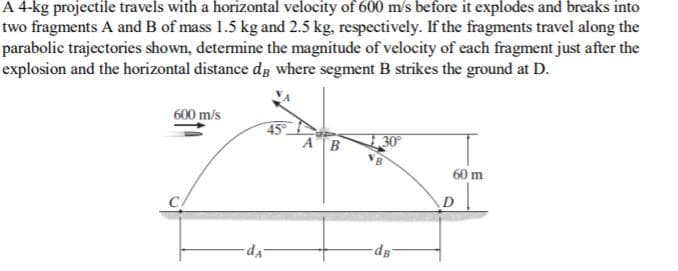 A 4-kg projectile travels with a horizontal velocity of 600 m/s before it explodes and breaks into
two fragments A and B of mass 1.5 kg and 2.5 kg, respectively. If the fragments travel along the
parabolic trajectories shown, determine the magnitude of velocity of each fragment just after the
explosion and the horizontal distance dg where segment B strikes the ground at D.
600 m/s
45
AB
30
60 m
D
