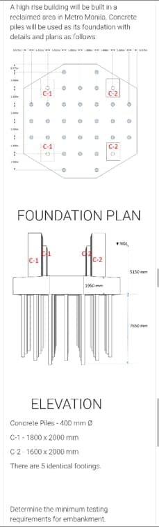 A high rise building will be built in a
reclaimed arca in Metro Manila, Concrete
piles will be used as its foundation with
details and plans as follows:
C-1
C-2
C-1
C-2
FOUNDATION PLAN
NG,
5150 mm
1950 mm
780 mm
ELEVATION
Concrete Piles - 400 mm Ø
C-1- 1800 x 2000 mm
C2- 1600 x 2000 mm
There are 5 identical footings.
Determine the minimum testing
requirements for embankment.
