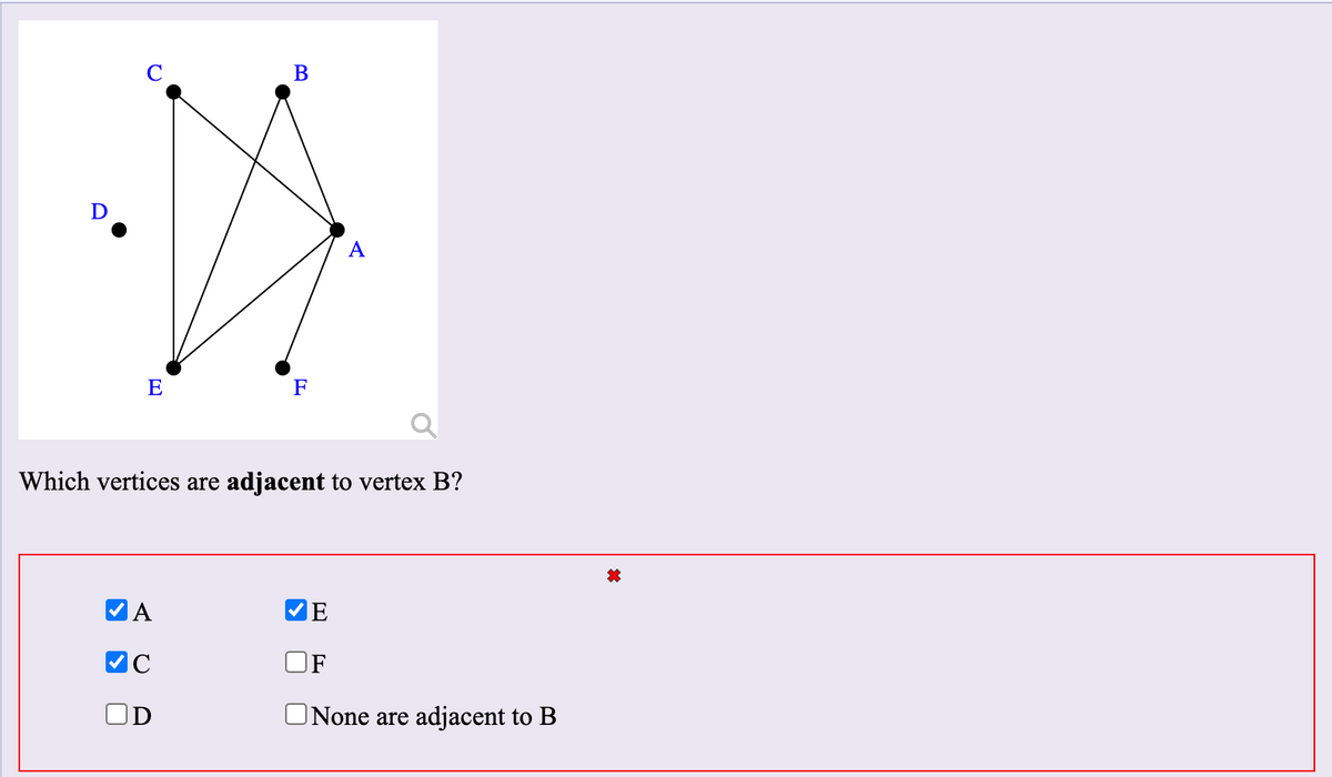 В
D
E
F
Which vertices are adjacent to vertex B?
E
None are adjacent to B
A.
