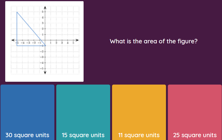 What is the area of the figure?
30 square units
15 square units
11 square units
25 square units
