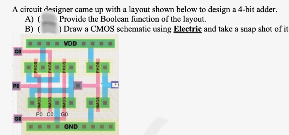 A circuit designer came up with a layout shown below to design a 4-bit adder.
Provide the Boolean function of the layout.
A) (
B) (
) Draw a CMOS schematic using Electric and take a snap shot of it.
VDDI
CO
PO
GO
PMOS
NMOS
PMOS
SOWN 8
PO CO
PMOS
NMOS
GO
GND
FI