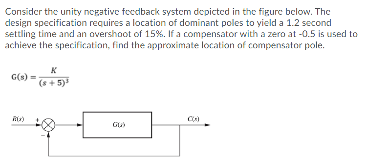 Consider the unity negative feedback system depicted in the figure below. The
design specification requires a location of dominant poles to yield a 1.2 second
settling time and an overshoot of 15%. If a compensator with a zero at -0.5 is used to
achieve the specification, find the approximate location of compensator pole.
K
G(s)
(s + 5)³
R(s)
C(s)
G(s)

