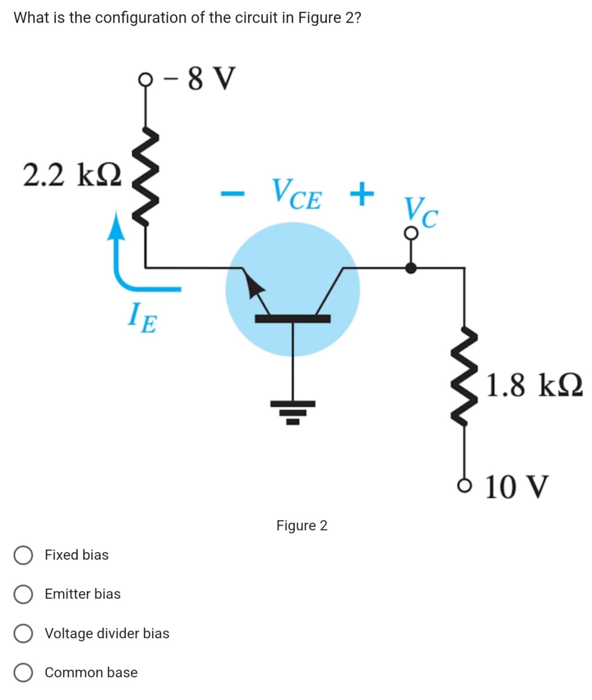 What is the configuration of the circuit in Figure 2?
2.2 ΚΩ
Fixed bias
Emitter bias
IE
-
Voltage divider bias
O Common base
-8 V
-
- VCE +
Figure 2
Vc
1.8 ΚΩ
10 V