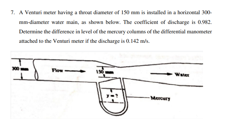 7. A Venturi meter having a throat diameter of 150 mm is installed in a horizontal 300-
mm-diameter water main, as shown below. The coefficient of discharge is 0.982.
Determine the difference in level of the mercury columns of the differential manometer
attached to the Venturi meter if the discharge is 0.142 m/s.
Flow
150 mm
Water
- Mercury