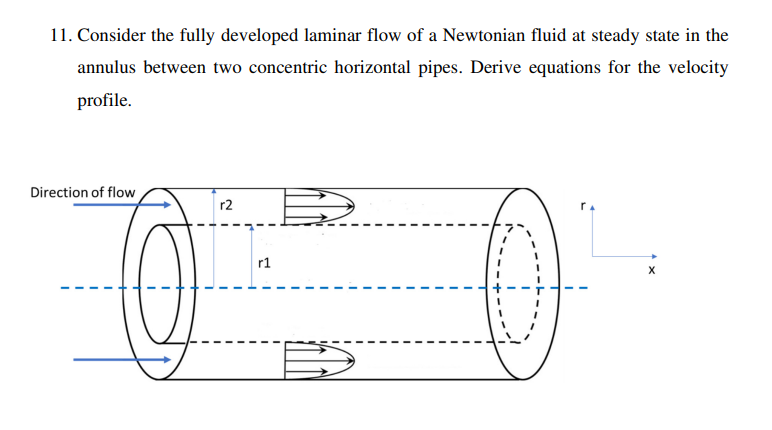 11. Consider the fully developed laminar flow of a Newtonian fluid at steady state in the
annulus between two concentric horizontal pipes. Derive equations for the velocity
profile.
Direction of flow
r2
X
D
r1