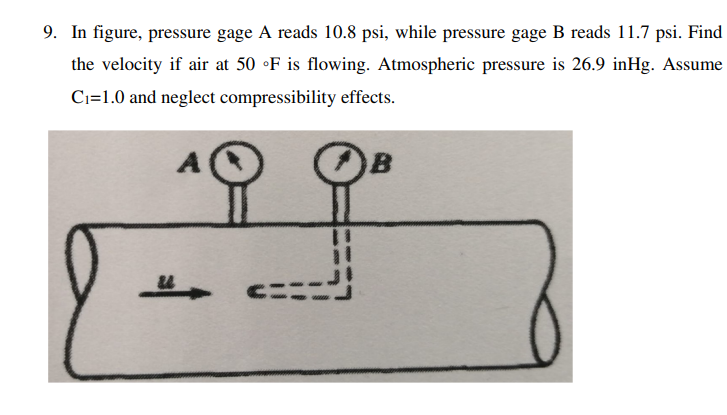 9. In figure, pressure gage A reads 10.8 psi, while pressure gage B reads 11.7 psi. Find
the velocity if air at 50 °F is flowing. Atmospheric pressure is 26.9 inHg. Assume
C₁=1.0 and neglect compressibility effects.
B