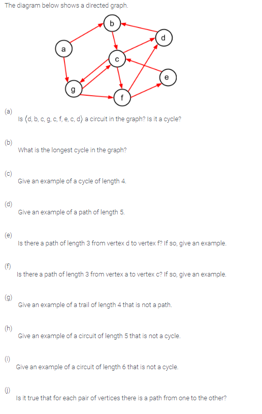 The diagram below shows a directed graph.
d
a
(a)
Is (d, b, c, g, c, f, e, c, d) a circuit in the graph? Is it a cycle?
(b)
What is the longest cycle in the graph?
(c)
Give an example of a cycle of length 4.
(d)
Give an example of a path of length 5.
(e)
Is there a path of length 3 from vertex d to vertex f? If so, give an example.
(f)
Is there a path of length 3 from vertex a to vertex c? If so, give an example.
(g)
Give an example of a trail of length 4 that is not a path.
(h)
Give an example of a circuit of length 5 that is not a cycle.
(1)
Give an example of a circuit of length 6 that is not a cycle.
(1)
Is it true that for each pair of vertices there is a path from one to the other?
