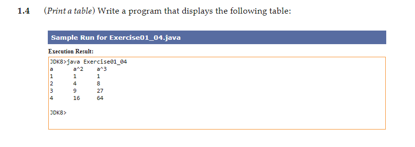 1.4
(Print a table) Write a program that displays the following table:
Sample Run for Exercise01_04.java
Execution Result:
JDK8>java Exercise01_04
a
a^2
a^3
1
1
1
2
4
8
3
27
4
16
64
JDK8>
