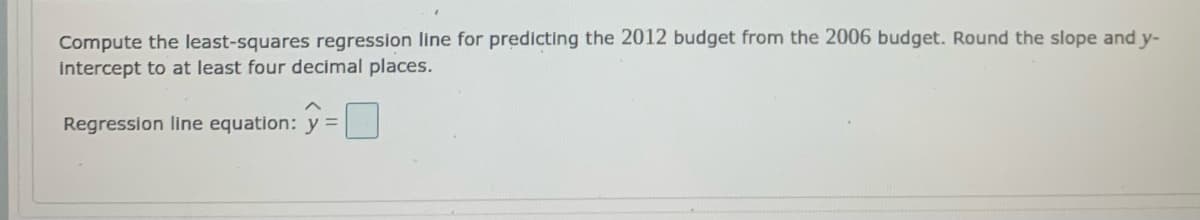 Compute the least-squares regression line for predicting the 2012 budget from the 2006 budget. Round the slope and y-
intercept to at least four decimal places.
Regression line equation: y =
