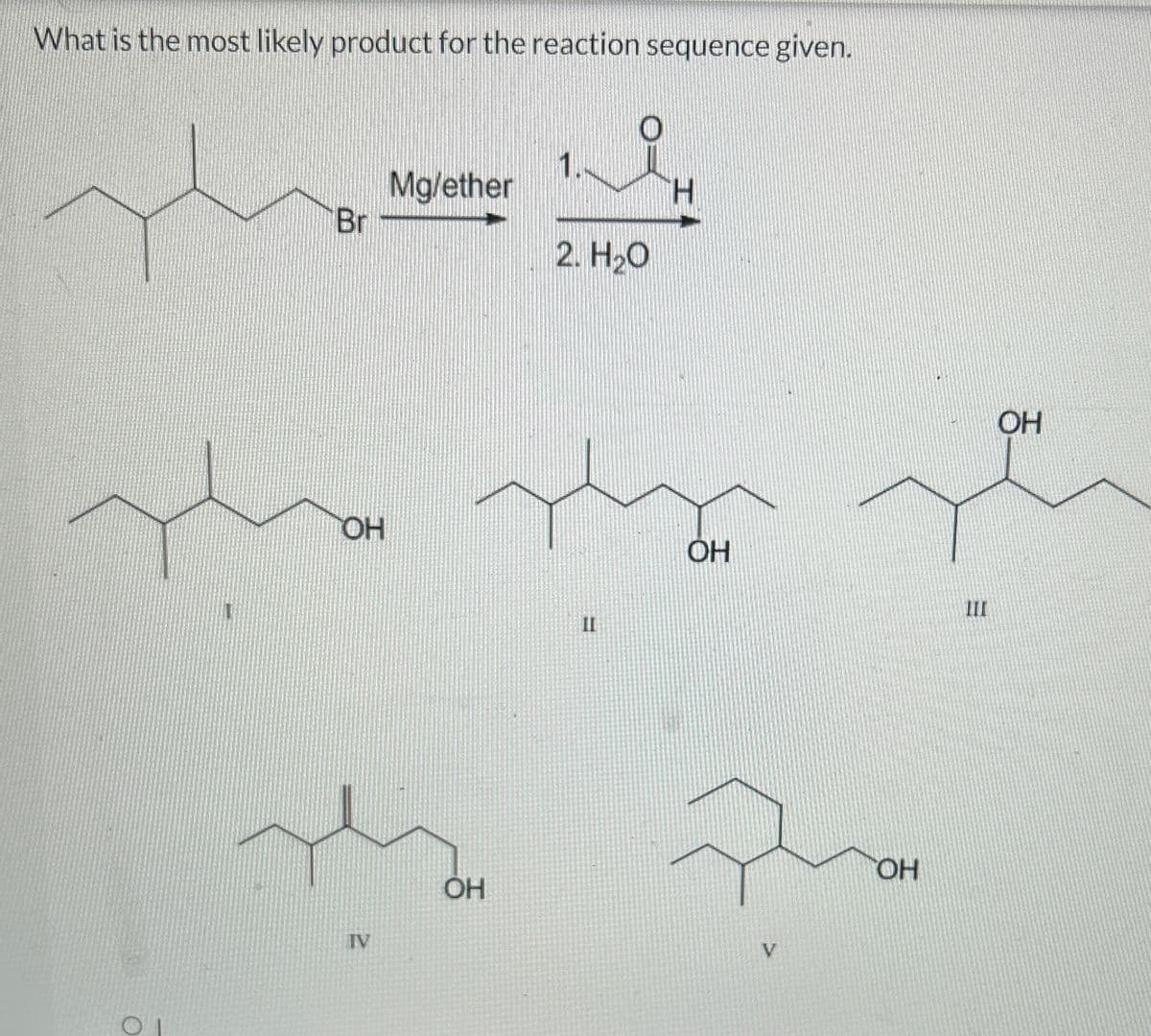 What is the most likely product for the reaction sequence given.
Br
ОН
IV
Mg/ether
ОН
2. H2O
II
OH
ОН
3
OH