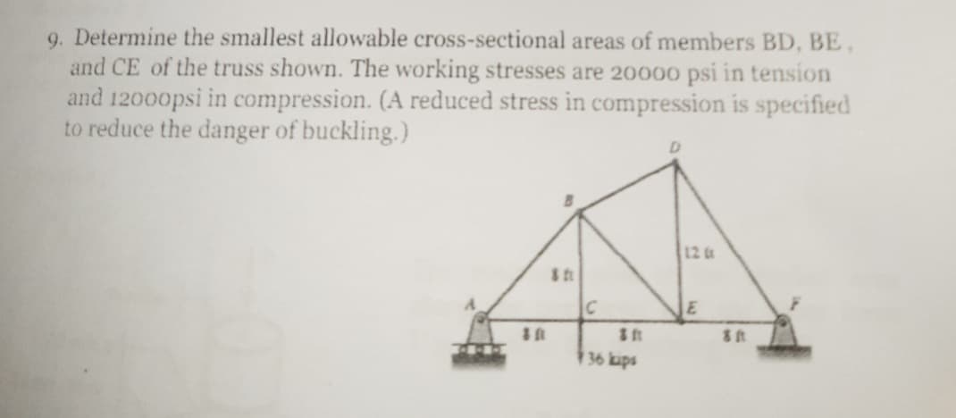 9. Determine the smallest allowable cross-sectional areas of members BD, BE,
and CE of the truss shown. The working stresses are 20000 psi in tension
and 12000psi in compression. (A reduced stress in compression is specified
to reduce the danger of buckling.)
12 t
E
36 kups
