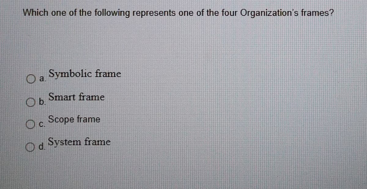 Which one of the following represents one of the four Organization's frames?
Symbolic frame
a.
Smart frame
b.
Scope frame
Od System frame
