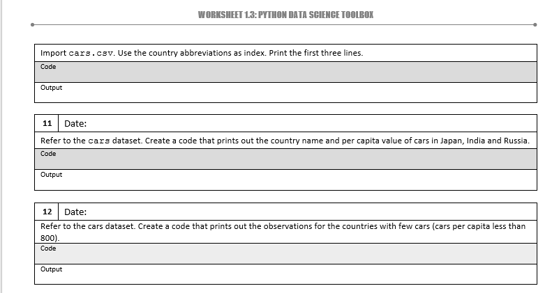 WORKSHEET 1.3: PYTHON DATA SCIENCE TOOLBOX
Import cars.csv. Use the country abbreviations as index. Print the first three lines.
Code
Output
11
Date:
Refer to the cars dataset. Create a code that prints out the country name and per capita value of cars in Japan, India and Russia.
Code
Output
12
Date:
Refer to the cars dataset. Create a code that prints out the observations for the countries with few cars (cars per capita less than
800).
Code
Output
