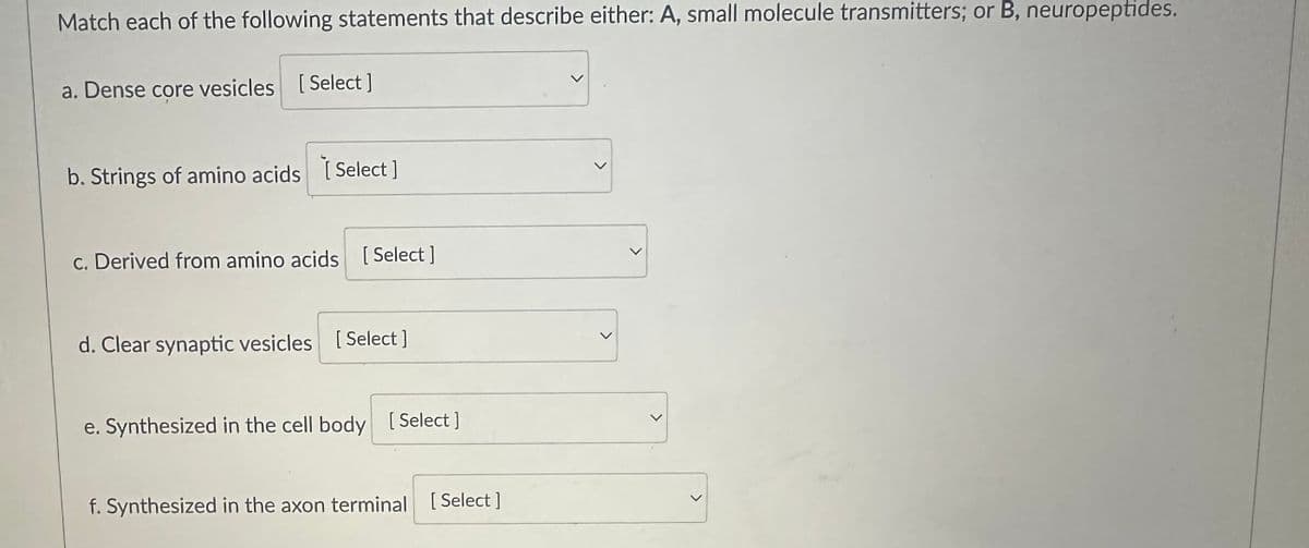 Match each of the following statements that describe either: A, small molecule transmitters; or B, neuropeptides.
a. Dense core vesicles [Select]
b. Strings of amino acids [Select]
c. Derived from amino acids [Select]
d. Clear synaptic vesicles [Select]
e. Synthesized in the cell body [Select]
f. Synthesized in the axon terminal [Select]
<