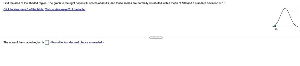 Find the area of the shaded region. The graph to the right depicts IQ scores of adults, and those scores are normally distributed with a mean of 100 and a standard deviation of 15.
Click to view page 1 of the table. Click to view page 2 of the table.
70
The area of the shaded region is
(Round to four decimal places as needed.)
