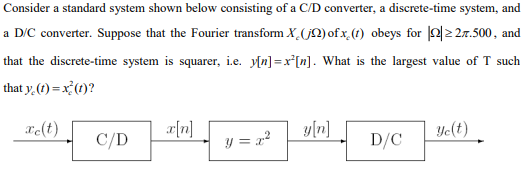 Consider a standard system shown below consisting of a C/D converter, a discrete-time system, and
a D/C converter. Suppose that the Fourier transform X_(jN) of x, (1) obeys for 22 2.500, and
that the discrete-time system is squarer, i.e. y[n] =x*[n]. What is the largest value of T such
that y,(1) = x²(1)?
xe(t)
[n]
y[n]
Ye(t)
C/D
y = x2
D/C
