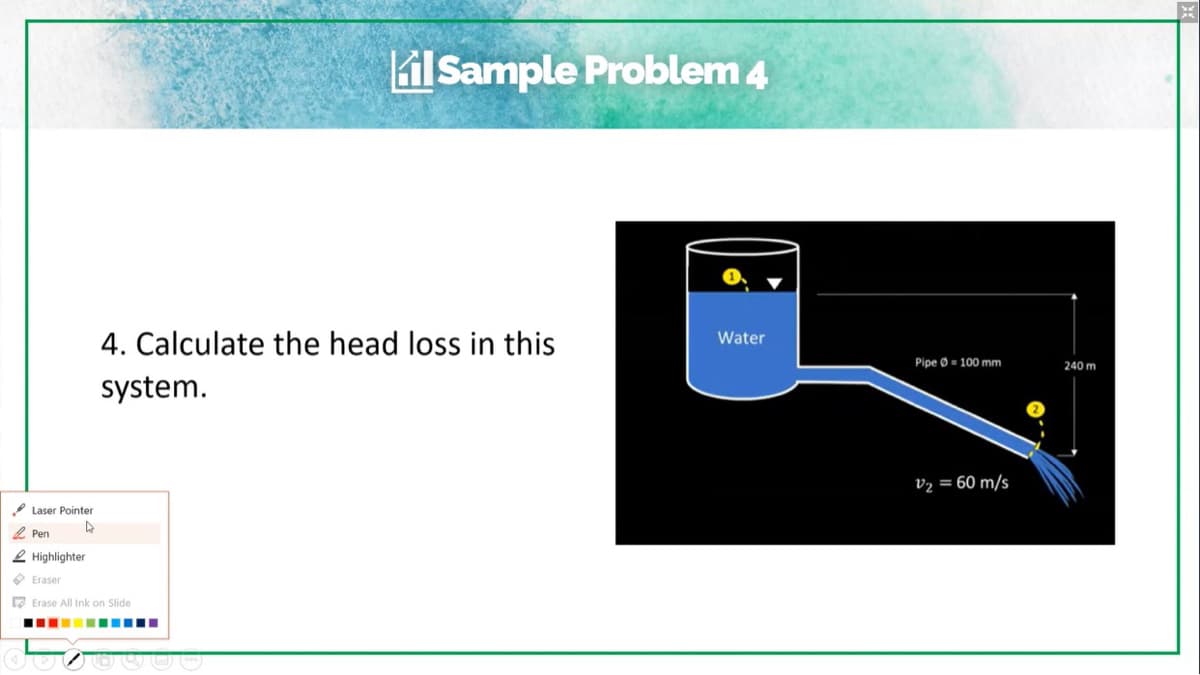 Kil Sample Problem 4
Water
4. Calculate the head loss in this
system.
Laser Pointer
L
Pen
Highlighter
Eraser
Erase All Ink on Slide
‒‒‒‒‒‒‒‒‒‒
Pipe Ø 100 mm
V₂ = 60 m/s
240 m