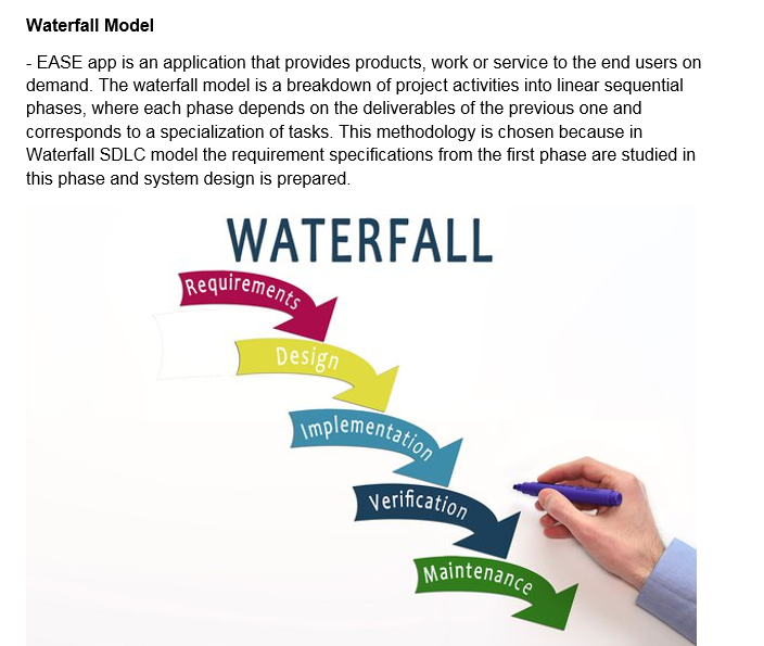 Waterfall Model
- EASE app is an application that provides products, work or service to the end users on
demand. The waterfall model is a breakdown of project activities into linear sequential
phases, where each phase depends on the deliverables of the previous one and
corresponds to a specialization of tasks. This methodology is chosen because in
Waterfall SDLC model the requirement specifications from the first phase are studied in
this phase and system design is prepared.
WATERFALL
Requirements
Design
Implementation
verification
Maintenance
