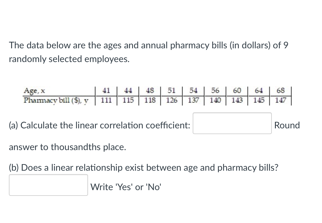 The data below are the ages and annual pharmacy bills (in dollars) of 9
randomly selected employees.
Age, x
Phamacy bill ($), v
41
44
48
51
54
56
60
64
68
111
115
118
126
137
140
143
145
147
(a) Calculate the linear correlation coefficient:
Round
answer to thousandths place.
(b) Does a linear relationship exist between age and pharmacy bills?
Write 'Yes' or 'No'
