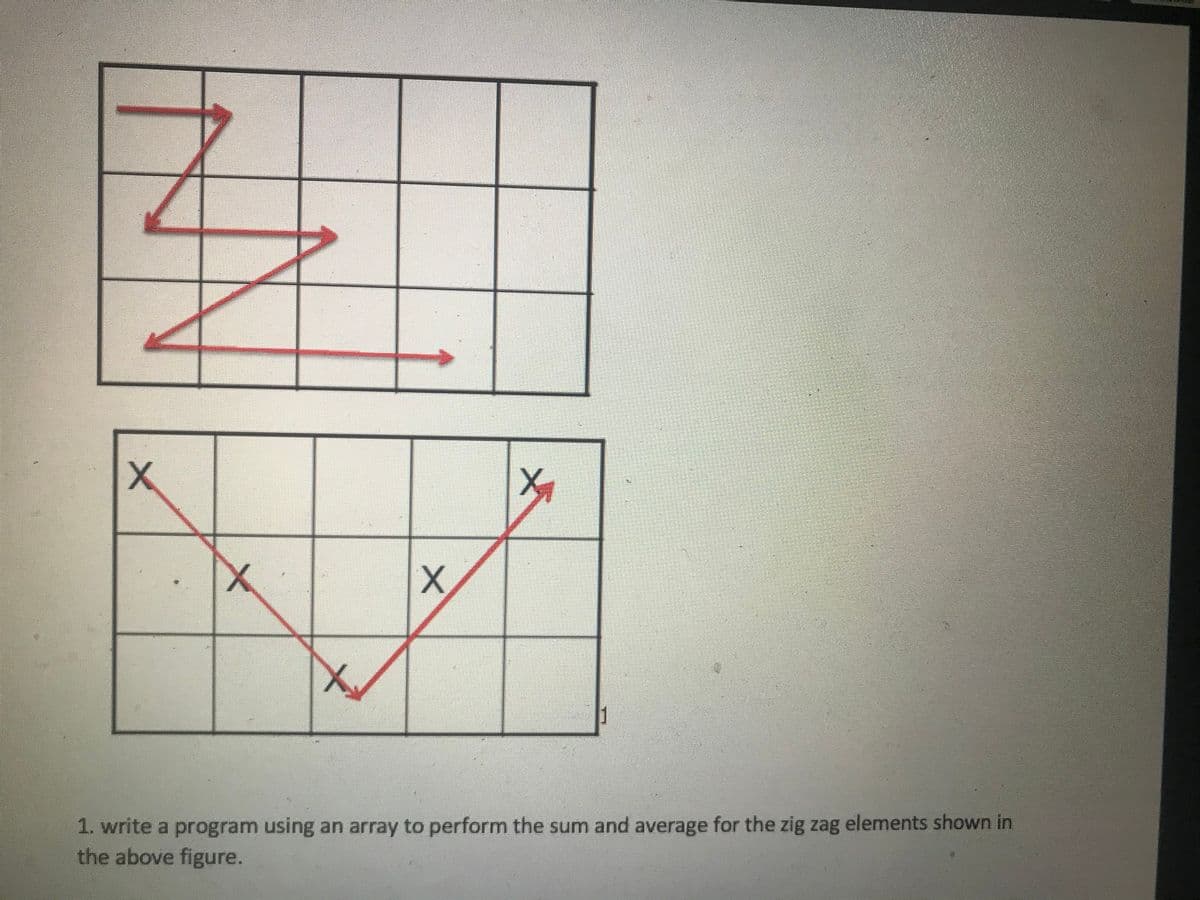 1
1. write a program using an array to perform the sum and average for the zig zag elements shown in
the above figure.
