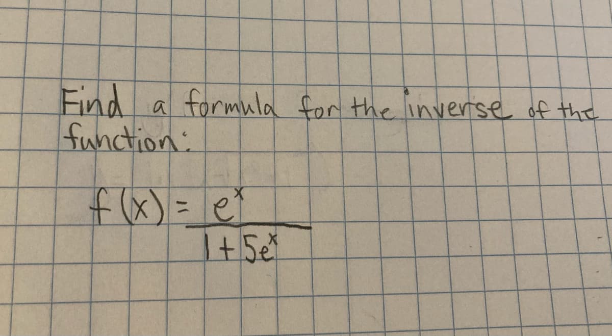 Find
function:
a
formula for the inverse of the
f(x)= ei
I+5e
%3D
