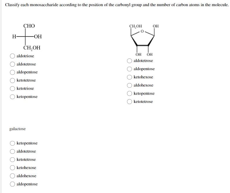 Classify each monosaccharide according to the position of the carbonyl group and the number of carbon atoms in the molecule.
CHO
CH₂OH
OH
H
-OH
CH,OH
aldotriose
aldotetrose
aldopentose
ketotetrose
ketotriose
ketopentose
galactose
ketopentose
aldotetrose
ketotetrose
ketohexose
aldohexose
aldopentose
OH OH
aldotetrose
aldopentose
ketohexose
aldohexose
ketopentose
ketotetrose