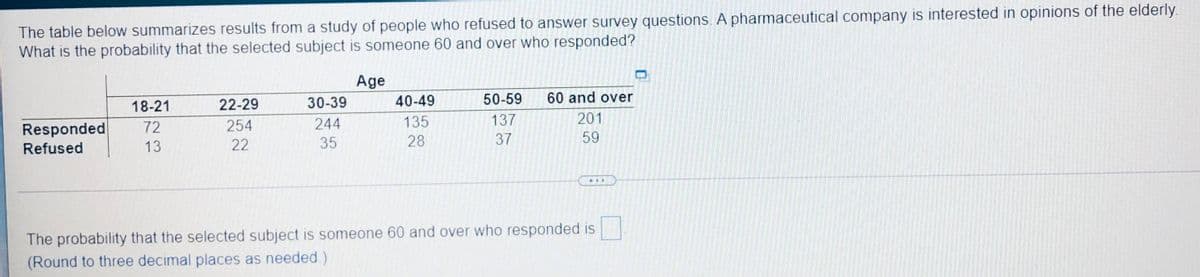 The table below summarizes results from a study of people who refused to answer survey questions. A pharmaceutical company is interested in opinions of the elderly.
What is the probability that the selected subject is someone 60 and over who responded?
Age
18-21
22-29
30-39
40-49
50-59
60 and over
Responded
72
254
244
135
137
201
13
22
35
28
37
59
Refused
The probability that the selected subject is someone 60 and over who responded is
(Round to three decimal places as needed.)
