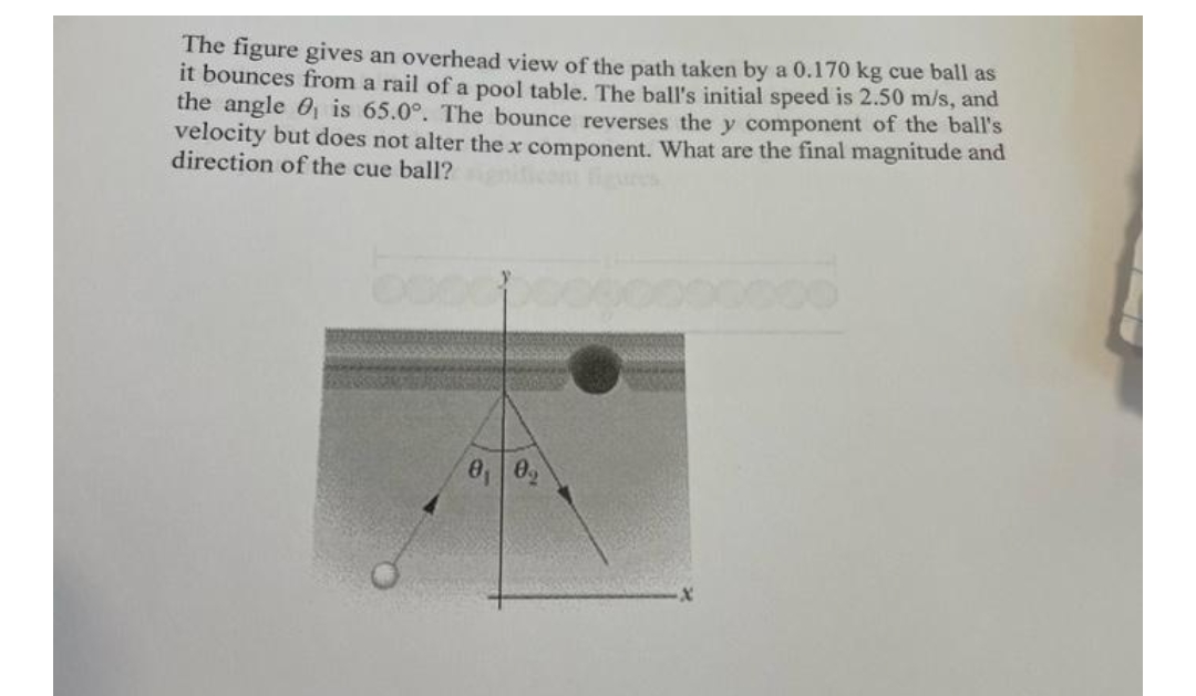 The figure gives an overhead view of the path taken by a 0.170 kg cue ball as
it bounces from a rail of a pool table. The ball's initial speed is 2.50 m/s, and
the angle 0₁ is 65.0°. The bounce reverses the y component of the ball's
velocity but does not alter the x component. What are the final magnitude and
direction of the cue ball?
0₁ 0₂