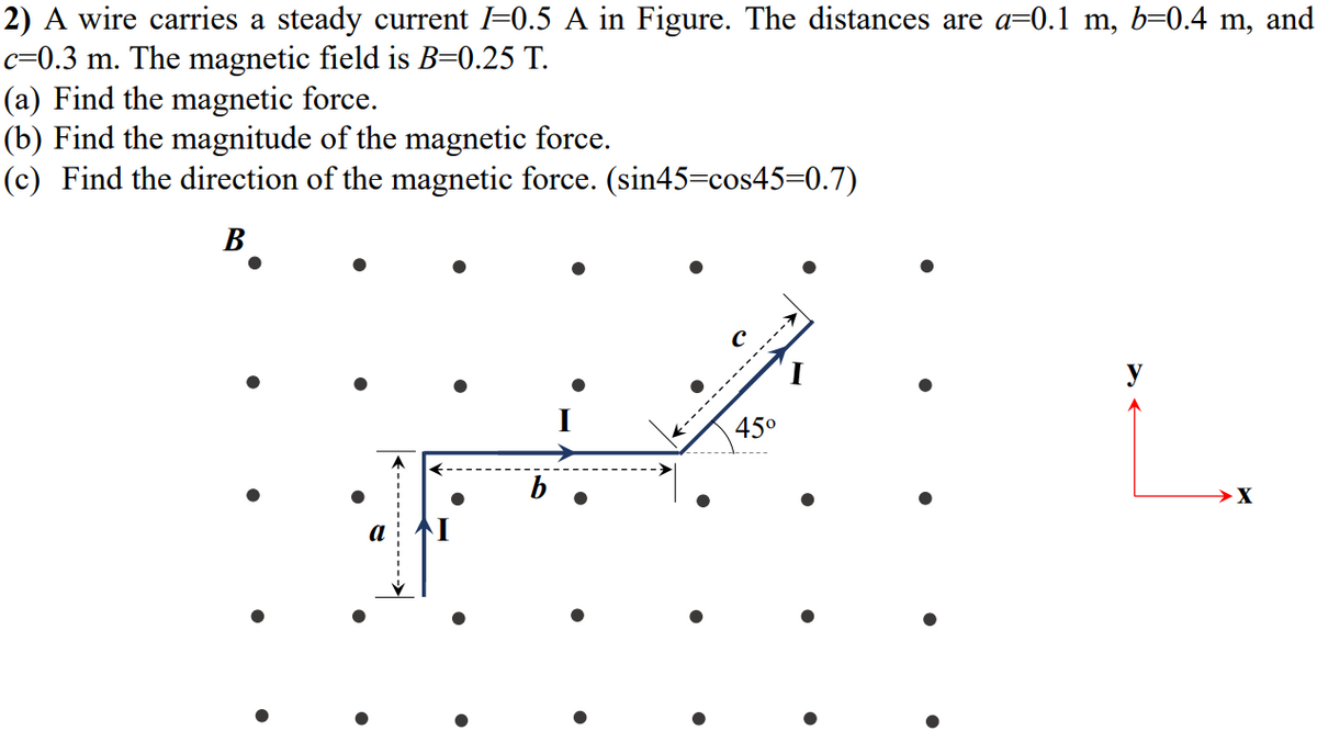 2) A wire carries a steady current =0.5 A in Figure. The distances are a=0.1 m, b=0.4 m, and
c=0.3 m. The magnetic field is B=0.25 T.
(a) Find the magnetic force.
(b) Find the magnitude of the magnetic force.
(c) Find the direction of the magnetic force. (sin45=cos45=0.7)
В
У
45°
-----------
