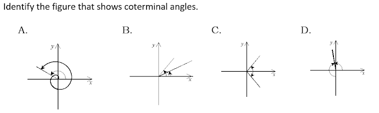 Identify the figure that shows coterminal angles.
А.
В.
С.
D.
