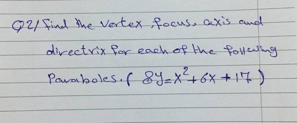 924 find the Vertex focuse axis and
directrix forr each of the fotteling
Paraboles.f 8Y=x+6x+17)
