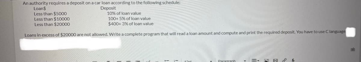 An authority requires a deposit on a car loan according to the following schedule:
Deposit
10% of loan value
Loan$
Less than $5000
Less than $10000
Less than $20000
100+ 5% of loan value
$400+ 3% of loan value
Loans in excess of $20000 are not allowed. Write a complete program that will read a loan amount and compute and print the required deposit. You have to use Clanguage
Paragranh
