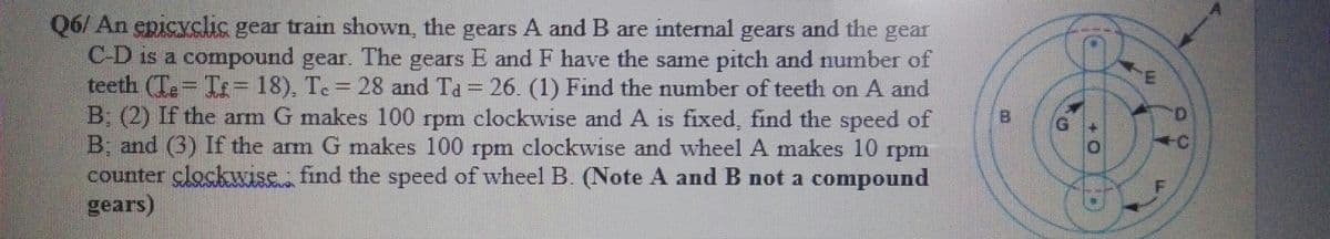 Q6/ An epicyclic gear train shown, the gears A and B are internal gears and the gear
C-D is a compound gear. The gears E and F have the same pitch and number of
teeth (T. Tr=18), Te = 28 and Ta 26. (1) Find the number of teeth on A and
B: (2) If the arm G makes 100 rpm clockwise and A is fixed, find the speed of
B and (3) If the arm G makes 100 rpm clockwise and wheel A makes 10 rpm
counter clockWise find the speed of wheel B. (Note A and B not a compound
gears)
%3D
