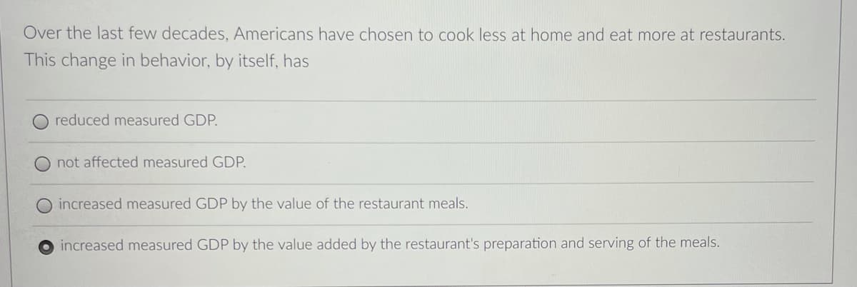 Over the last few decades, Americans have chosen to cook less at home and eat more at restaurants.
This change in behavior, by itself, has
O reduced measured GDP.
O not affected measured GDP.
increased measured GDP by the value of the restaurant meals.
increased measured GDP by the value added by the restaurant's preparation and serving of the meals.
