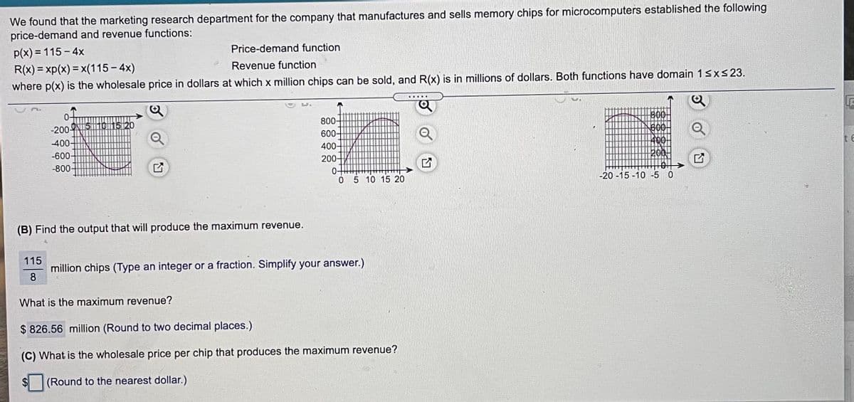 We found that the marketing research department for the company that manufactures and sells memory chips for microcomputers established the following
price-demand and revenue functions:
p(x) = 115 - 4x
Price-demand function
R(x) = xp(x) = x(115 – 4x)
Revenue function
where p(x) is the wholesale price in dollars at which x million chips can be sold, and R(x) is in millions of dollars. Both functions have domain 13xs23.
0-
800-
800
-200-
600-
-400-
400-
-600
200-
200
-800-
5 10 15 20
-20 -15 -10 -5 0
(B) Find the output that will produce the maximum revenue.
115
million chips (Type an integer or a fraction. Simplify your answer.)
What is the maximum revenue?
$ 826.56 million (Round to two decimal places.)
(C) What is the wholesale price per chip that produces the maximum revenue?
(Round to the nearest dollar.)

