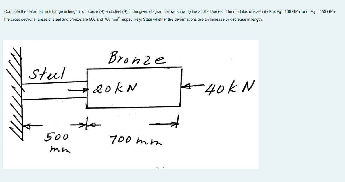 Compute the deformation (change in length) of bronze (B) and steel (S) in the given diagram below, showing the applied forces. The modulus of elasticity E is EB =100 GPa and Es = 150 GPa.
The cross sectional areas of steel and bronze are 500 and 700 mm² respectively. State whether the deformations are an increase or decrease in length.
Bronze
Steel
|
-40kN
500
in
20KN
ے اور
-
700mm