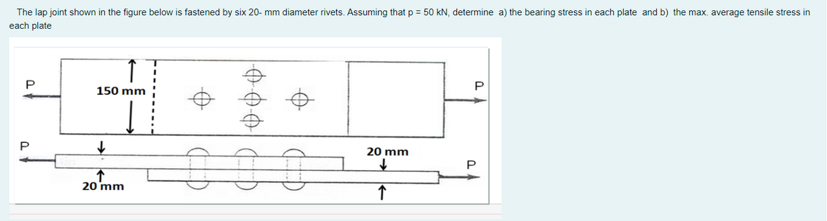 The lap joint shown in the figure below is fastened by six 20- mm diameter rivets. Assuming that p = 50 kN, determine a) the bearing stress in each plate and b) the max. average tensile stress in
each plate
P
P
150 mm
↓
20 mm
000
↓
↑
20 mm
↑
P