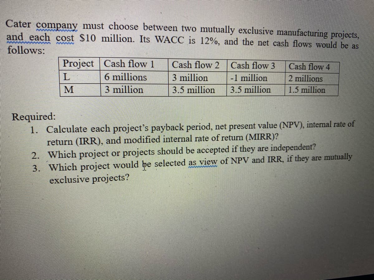 Cater company must choose between two mutually exclusive manufacturing projects,
and each cost $10 million. Its WACC is 12%, and the net cash flows would be as
follows:
Project Cash flow 1
Cash flow 2
Cash flow 3
Cash flow 4
6 millions
3 million
-1 million
2 millions
M
3 million
3.5 million
3.5 million
1.5 million
Required:
1. Calculate each project's payback period, net present value (NPV), internal rate of
return (IRR), and modified internal rate of return (MIRR)?
2. Which project or projects should be accepted if they are independent?
3. Which project would be selected as view of NPV and IRR, if they are mutually
exclusive projects?
