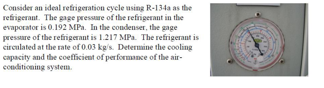 Consider an ideal refrigeration cycle using R-134a as the
refrigerant. The gage pressure of the refrigerant in the
evaporator is 0.192 MPa. In the condenser, the gage
pressure of the refrigerant is 1.217 MPa. The refrigerant is
circulated at the rate of 0.03 kg/s. Determine the cooling
capacity and the coefficient of performance of the air-
conditioning system.
NEFED