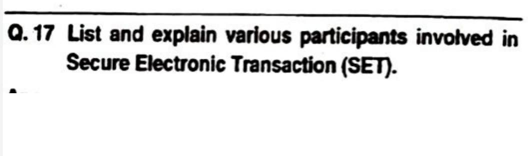 Q.17 List and explain various participants involved in
Secure Electronic Transaction (SET).