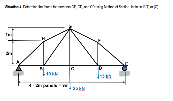 Situation 4. Determine the forces for members GF, GD, and CD using Method of Section. Indicate if (T) or (C).
1m
H.
F
2m
|C
ID
BỊ
10 kN
15 kN
4 - 2m panels = 8m
25 kN
E,
