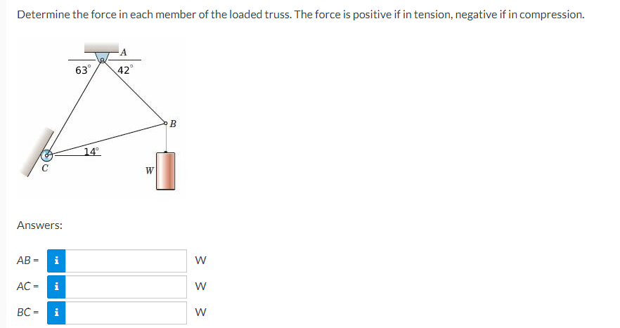 Determine the force in each member of the loaded truss. The force is positive if in tension, negative if in compression.
Answers:
AB=
AC =
BC =
i
63°
14°
A
42°
W
B
W
W
W