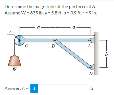 Determine the magnitude of the pin force at A.
Assume W = 835 lb, a = 5.8 ft, b = 3.9 ft, r = 9 in.
r
W
C
Answer: A = i
a
B
a
A
D
lb
b