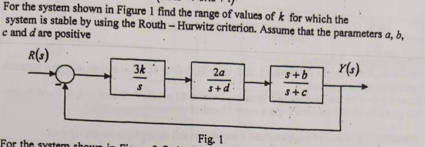 For the system shown in Figure 1 find the range of values of k for which the
system is stable by using the Routh-Hurwitz criterion. Assume that the parameters a, b,
c and d' are positive
R(s)
Y(s)
For the system ch
3k
$
2a
s+d:
Fig. 1
s+b
s+c