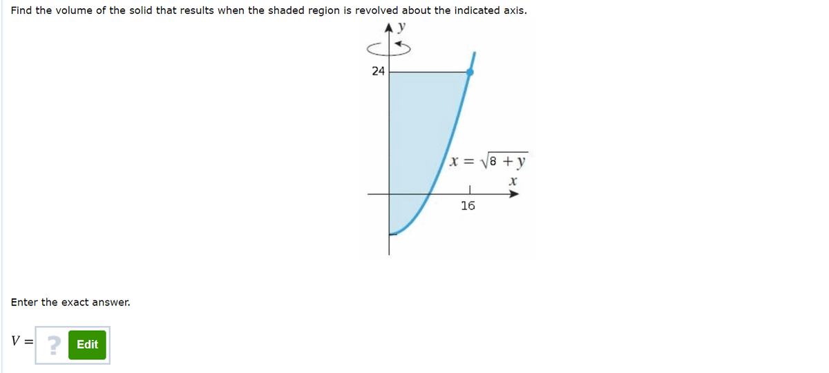 Find the volume of the solid that results when the shaded region is revolved about the indicated axis.
24
x = V8 + y
16
Enter the exact answer.
V =
? Edit
